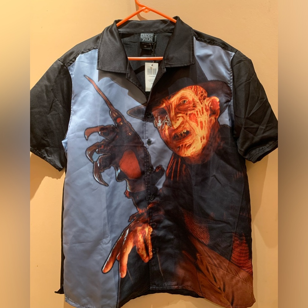 Nightmare on Elm Street freddy vs jason Sublimated Woven Button-Up Size L NWT